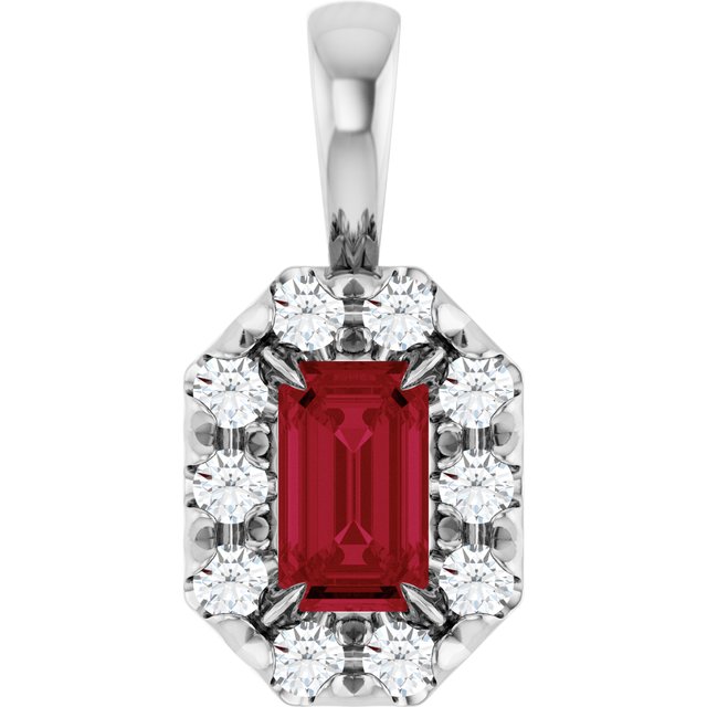 14K White 5x3 mm Lab-Grown Ruby & 1/8 CTW Natural Diamond Halo-Style Pendant