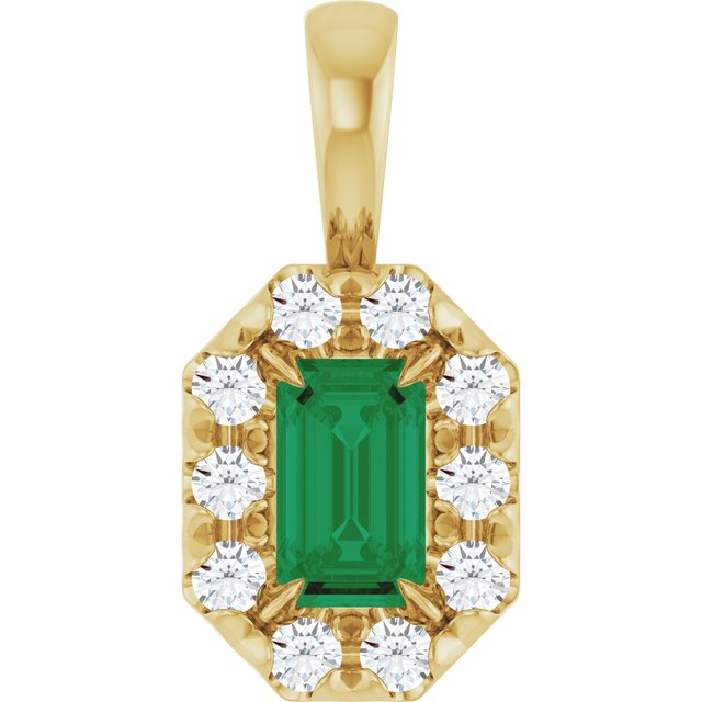14K Yellow 5x3 mm Natural Emerald & 1/8 CTW Natural Diamond Halo-Style Pendant
