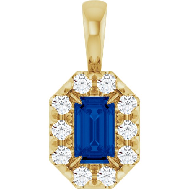 14K Yellow 5x3 mm Lab-Grown Blue Sapphire & 1/8 CTW Natural Diamond Halo-Style Pendant
