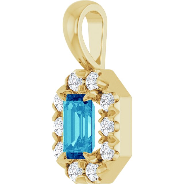 14K Yellow 5x3 mm Natural Blue Zircon & 1/8 CTW Natural Diamond Halo-Style Pendant