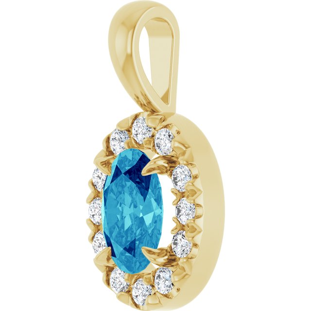 14K Yellow 6x4 mm Natural Blue Zircon & 1/10 CTW Natural Diamond Halo-Style Pendant