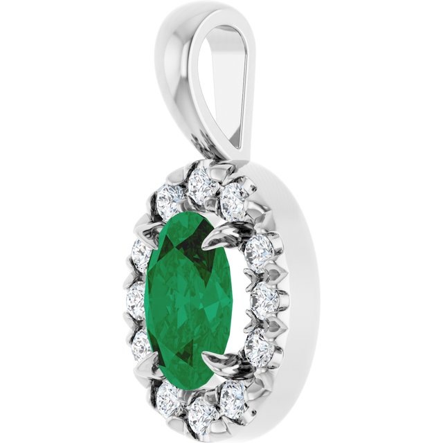 Sterling Silver 6x4 mm Lab-Grown Emerald & 1/10 CTW Natural Diamond Halo-Style Pendant