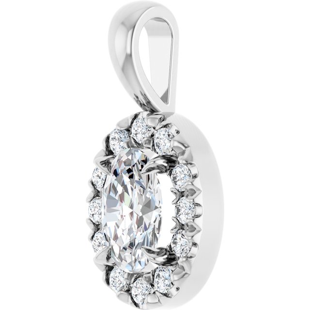 14K White 6x4 mm Natural White Sapphire & 1/10 CTW Natural Diamond Halo-Style Pendant