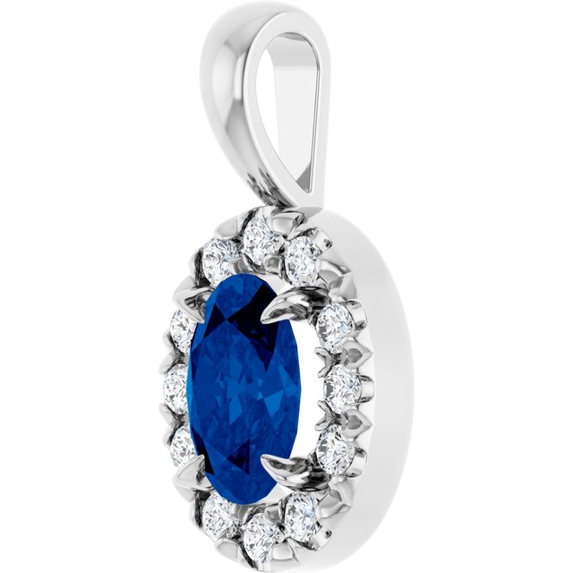 14K White 6x4 mm Natural Blue Sapphire & 1/10 CTW Natural Diamond Halo-Style Pendant