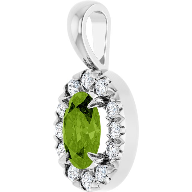 14K White 6x4 mm Natural Peridot & 1/10 CTW Natural Diamond Halo-Style Pendant