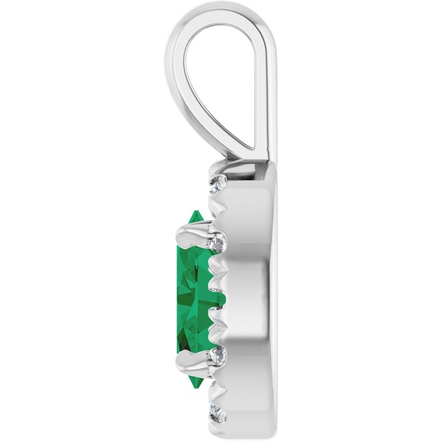 Sterling Silver 6x4 mm Lab-Grown Emerald & 1/10 CTW Natural Diamond Halo-Style Pendant
