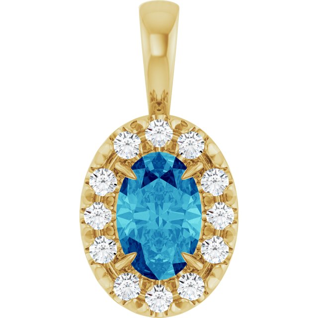 14K Yellow 6x4 mm Natural Blue Zircon & 1/10 CTW Natural Diamond Halo-Style Pendant