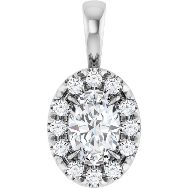 14K White 6x4 mm Natural White Sapphire & 1/10 CTW Natural Diamond Halo-Style Pendant