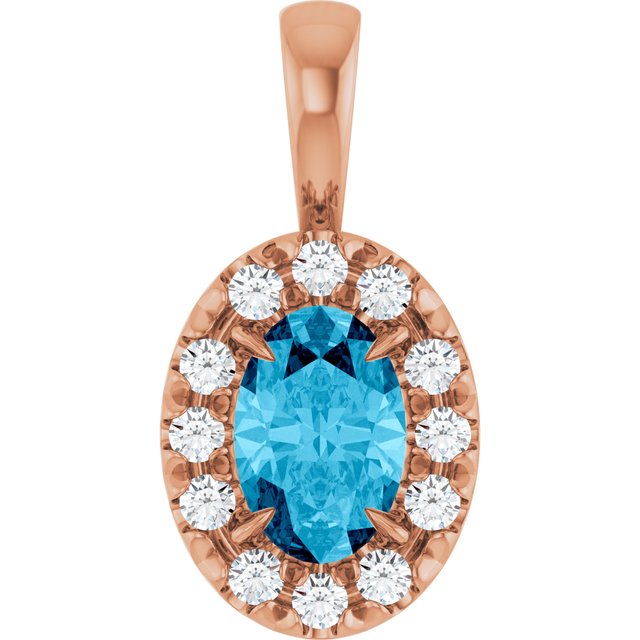 14K Rose 6x4 mm Natural Aquamarine & 1/10 CTW Natural Diamond Halo-Style Pendant