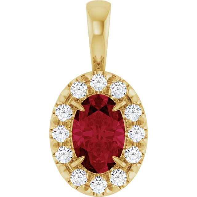 14K Yellow 6x4 mm Lab-Grown Ruby & 1/10 CTW Natural Diamond Halo-Style Pendant