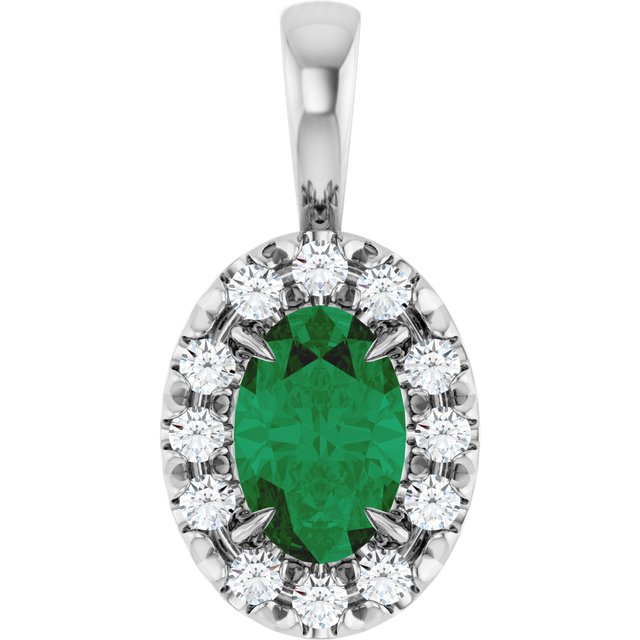 14K White 6x4 mm Lab-Grown Emerald & 1/10 CTW Natural Diamond Halo-Style Pendant