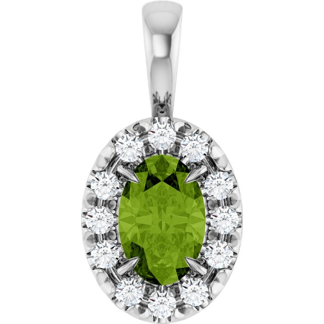 Sterling Silver 6x4 mm Natural Peridot & 1/10 CTW Natural Diamond Halo-Style Pendant