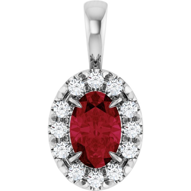 14K White 6x4 mm Lab-Grown Ruby & 1/10 CTW Natural Diamond Halo-Style Pendant