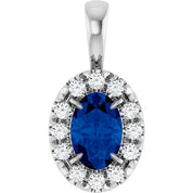 14K White 6x4 mm Natural Blue Sapphire & 1/10 CTW Natural Diamond Halo-Style Pendant