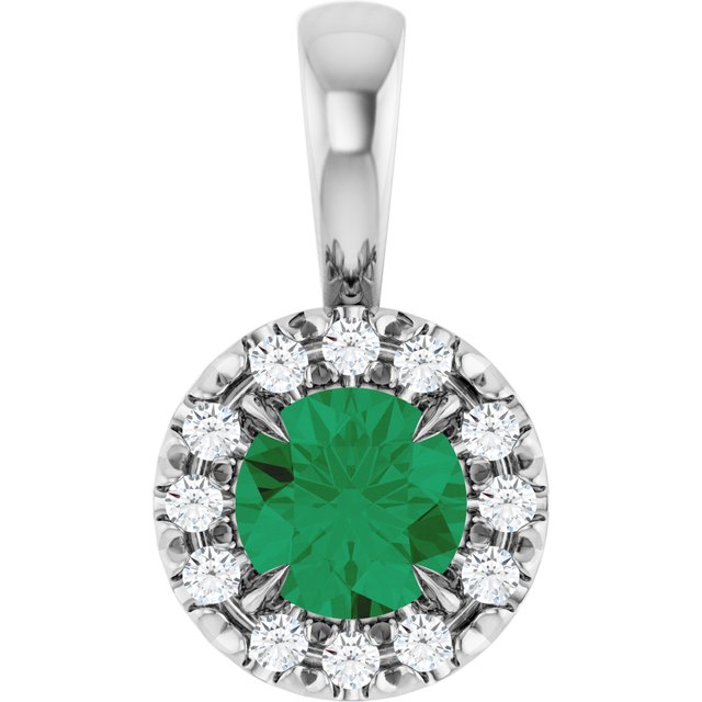 Sterling Silver 4 mm Lab-Grown Emerald & .05 CTW Natural Diamond Halo-Style Pendant