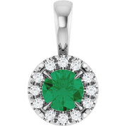 14K White 4 mm Natural Emerald & .05 CTW Natural Diamond Halo-Style Pendant