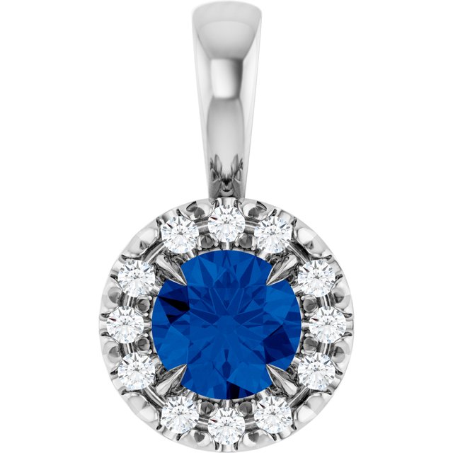14K White 4 mm Natural Blue Sapphire & .05 CTW Natural Diamond Halo-Style Pendant