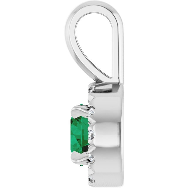 14K White 4 mm Natural Emerald & .05 CTW Natural Diamond Halo-Style Pendant