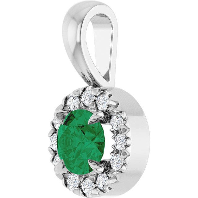 Sterling Silver 4 mm Lab-Grown Emerald & .05 CTW Natural Diamond Halo-Style Pendant