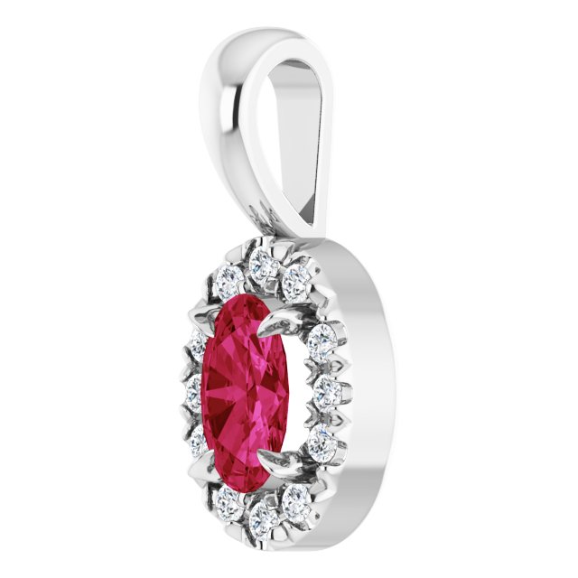 14K White 5x3 mm Lab-Grown Ruby & .05 CTW Natural Diamond Halo-Style Pendant