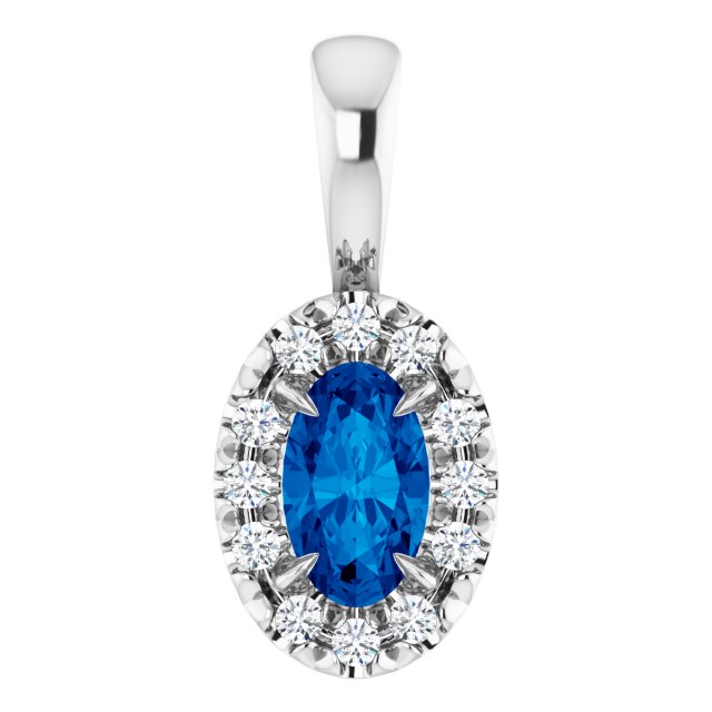 14K White 5x3 mm Natural Blue Sapphire & .05 CTW Natural Diamond Halo-Style Pendant