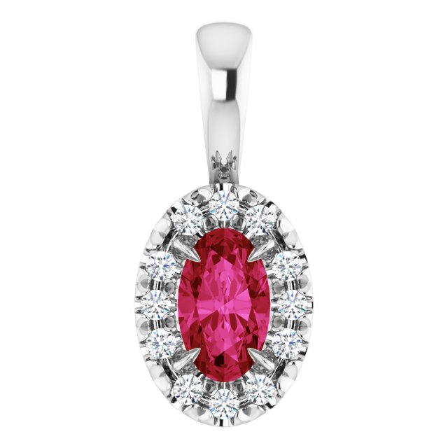 14K White 5x3 mm Lab-Grown Ruby & .05 CTW Natural Diamond Halo-Style Pendant