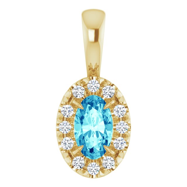 14K Yellow 5x3 mm Natural Blue Zircon & .05 CTW Natural Diamond Halo-Style Pendant