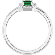 14K White Lab-Grown Emerald & 1/5 CTW Natural Diamond French-Set Halo-Style Ring