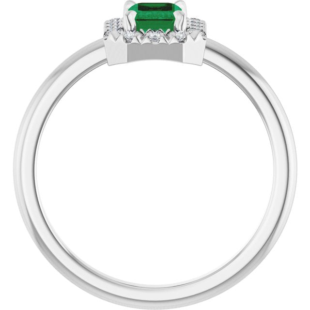 Sterling Silver Lab-Grown Emerald & 1/5 CTW Natural Diamond French-Set Halo-Style Ring