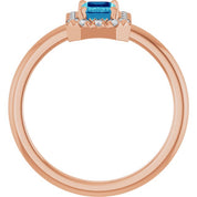 14K Rose Natural Blue Zircon & 1/5 CTW Natural Diamond French-Set Halo-Style Ring