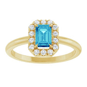 14K Yellow Natural Blue Zircon & 1/5 CTW Natural Diamond French-Set Halo-Style Ring