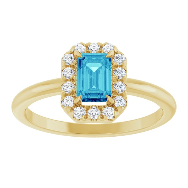 14K Yellow Natural Blue Zircon & 1/5 CTW Natural Diamond French-Set Halo-Style Ring