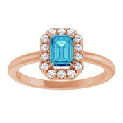 14K Rose Natural Blue Zircon & 1/5 CTW Natural Diamond French-Set Halo-Style Ring