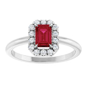 14K White Lab-Grown Ruby & 1/5 CTW Natural Diamond French-Set Halo-Style Ring