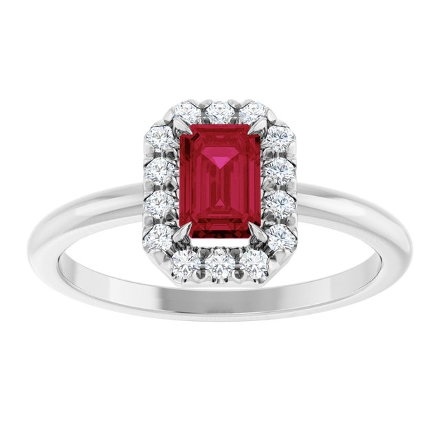 14K White Lab-Grown Ruby & 1/5 CTW Natural Diamond French-Set Halo-Style Ring