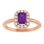 14K Rose Natural Amethyst & 1/5 CTW Natural Diamond French-Set Halo-Style Ring