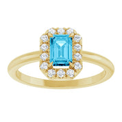 14K Yellow Natural Aquamarine & 1/5 CTW Natural Diamond French-Set Halo-Style Ring