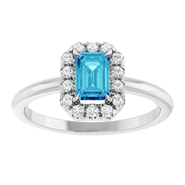 14K White Natural Blue Zircon & 1/5 CTW Natural Diamond French-Set Halo-Style Ring