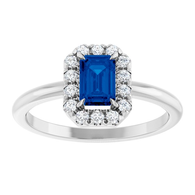 14K White Natural Blue Sapphire & 1/5 CTW Natural Diamond French-Set Halo-Style Ring