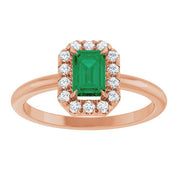 14K Rose Lab-Grown Emerald & 1/5 CTW Natural Diamond French-Set Halo-Style Ring
