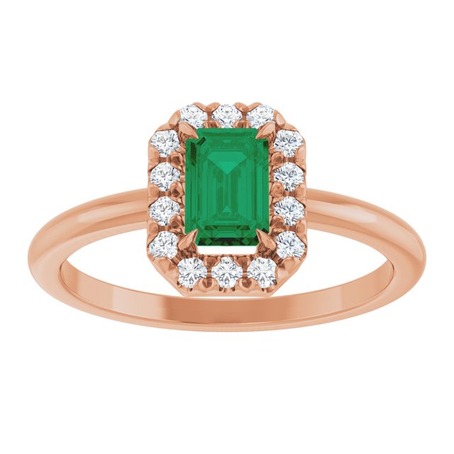 14K Rose Lab-Grown Emerald & 1/5 CTW Natural Diamond French-Set Halo-Style Ring
