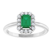Sterling Silver Lab-Grown Emerald & 1/5 CTW Natural Diamond French-Set Halo-Style Ring