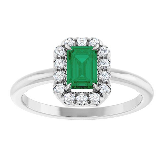 Sterling Silver Lab-Grown Emerald & 1/5 CTW Natural Diamond French-Set Halo-Style Ring