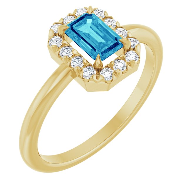 14K Yellow Natural Blue Zircon & 1/5 CTW Natural Diamond French-Set Halo-Style Ring