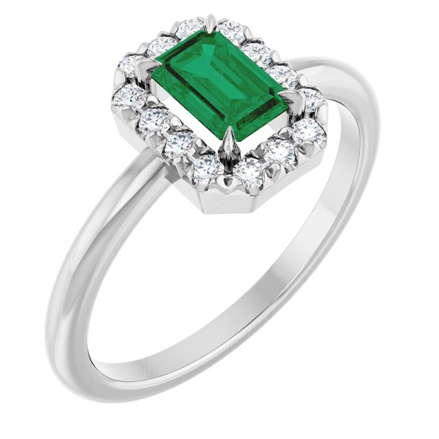 Sterling Silver Lab-Grown Emerald & 1/5 CTW Natural Diamond French-Set Halo-Style Ring