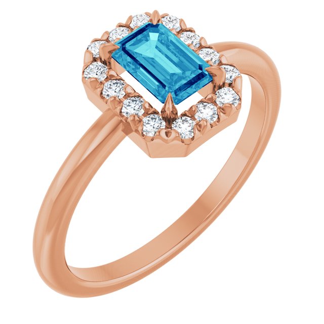 14K Rose Natural Blue Zircon & 1/5 CTW Natural Diamond French-Set Halo-Style Ring