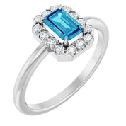 14K White Natural Blue Zircon & 1/5 CTW Natural Diamond French-Set Halo-Style Ring
