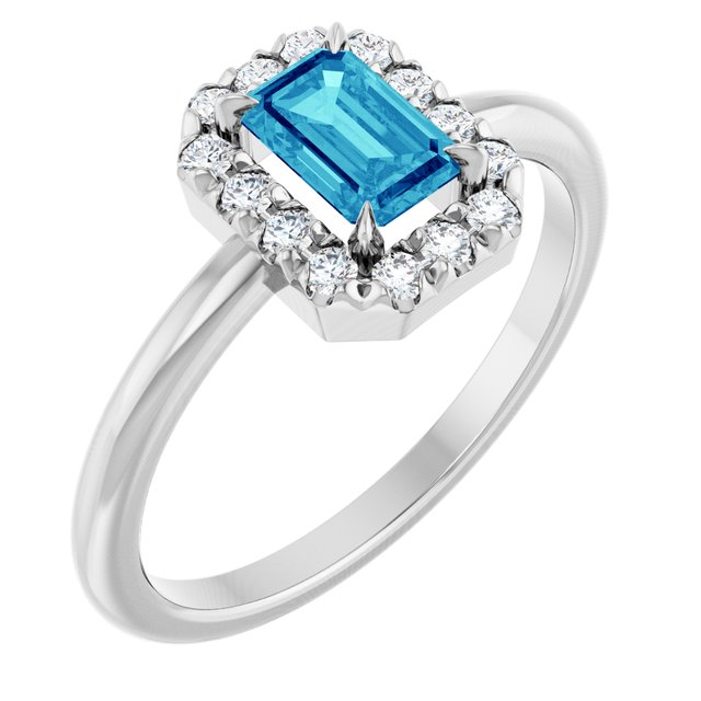 14K White Natural Blue Zircon & 1/5 CTW Natural Diamond French-Set Halo-Style Ring