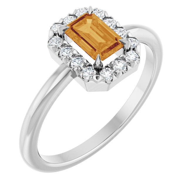 14K White Natural Citrine & 1/5 CTW Natural Diamond French-Set Halo-Style Ring