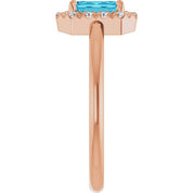 14K Rose Natural Blue Zircon & 1/5 CTW Natural Diamond French-Set Halo-Style Ring